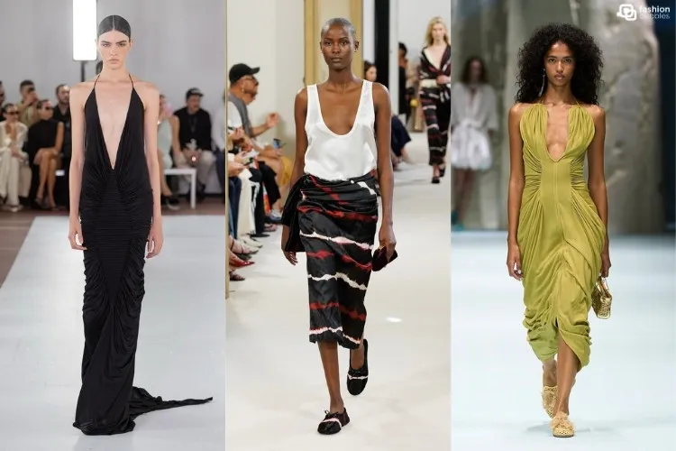 Modelos na passarela usando decote profundo, uma das tendências da Semana de Moda de Milão Primavera Verão 2027