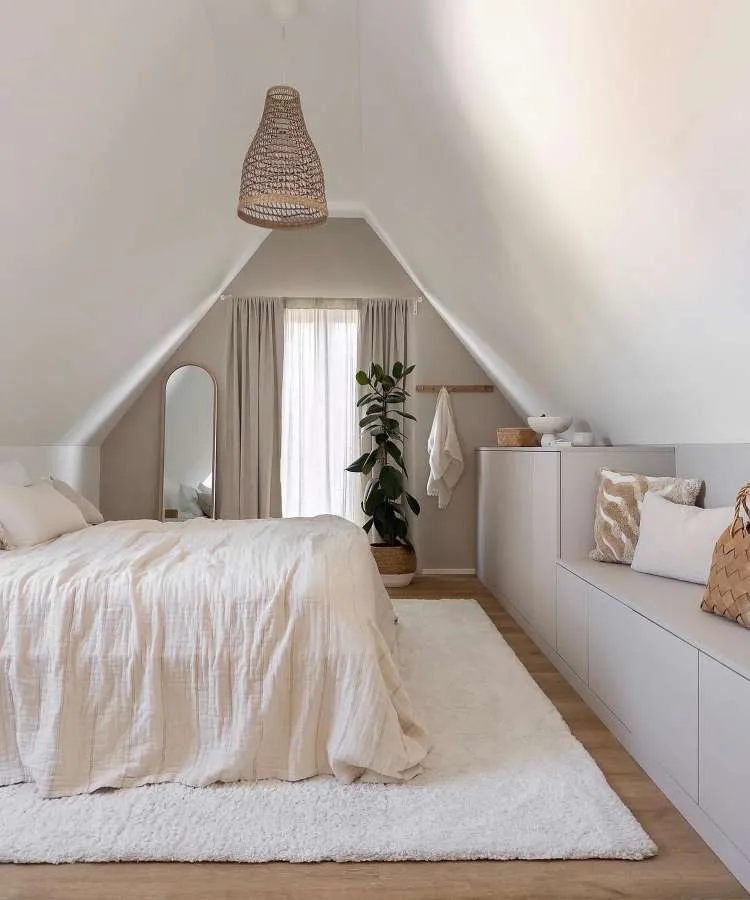 Quarto de casal com espelho oval apoiado em parede ao lado de janela. Cores predominantes: branco, off-white, marrom