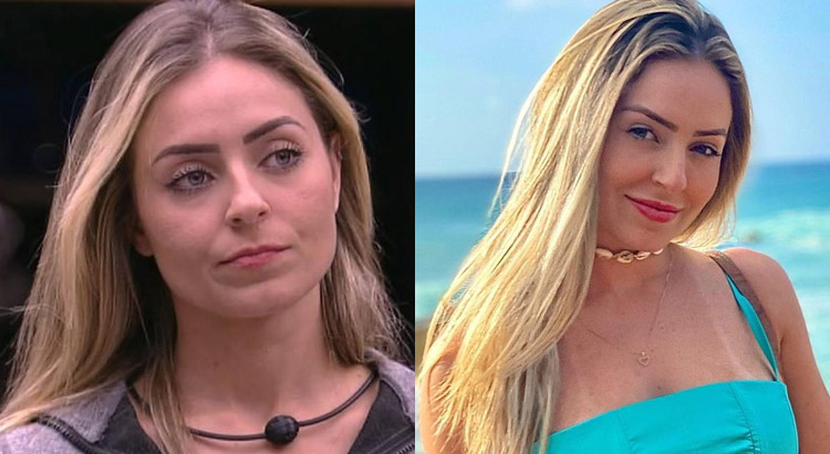 Montagem com duas fotos de Paula, uma na época do BBB e outra atualmente 