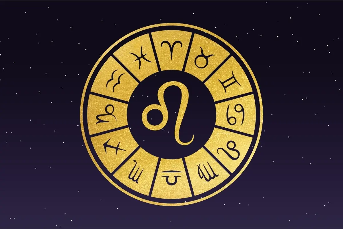 Fundo de céu estrelado com símbolo do signo de Leão, horóscopo do dia de hoje