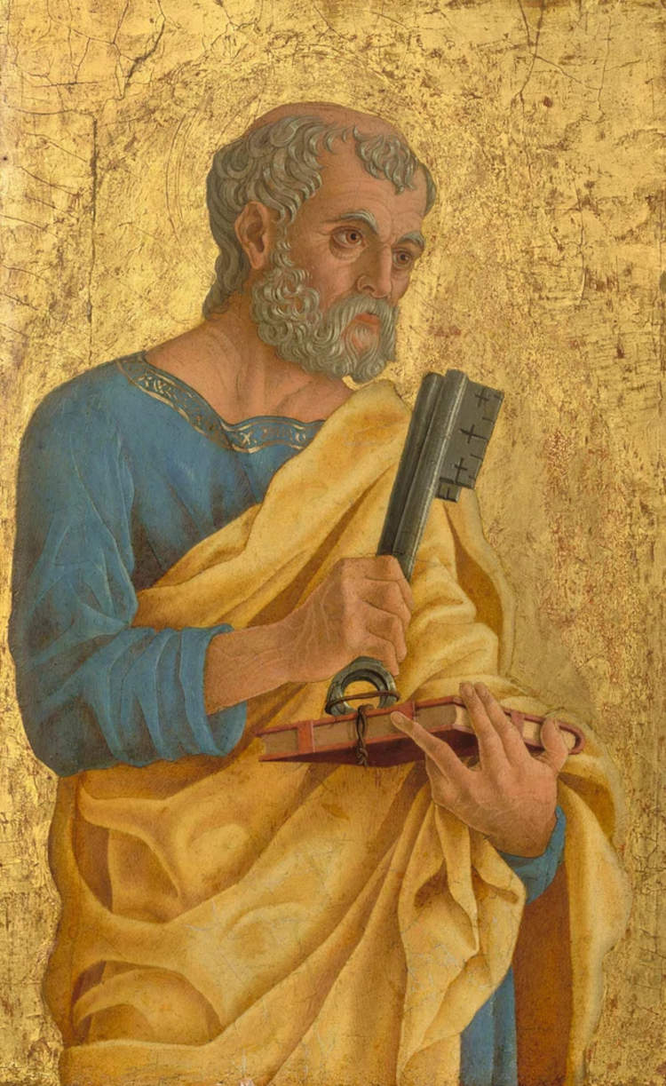 Pintura de São Pedro, com fundo marrom. O santo usa vestimenta azul e amarela, enquanto segura chave