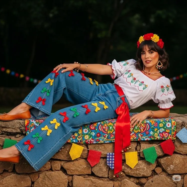 Uma mulher sorridente, possivelmente no Brasil, exibe um dos looks de festa junina 2025. Ela veste uma blusa branca bordada com flores e calças jeans decoradas com laços coloridos. Uma faixa vermelha marca a cintura, e uma coroa de flores adorna sua cabeça. Ela está deitada sobre uma superfície estampada com flores, com bandeirolas festivas ao redor.

