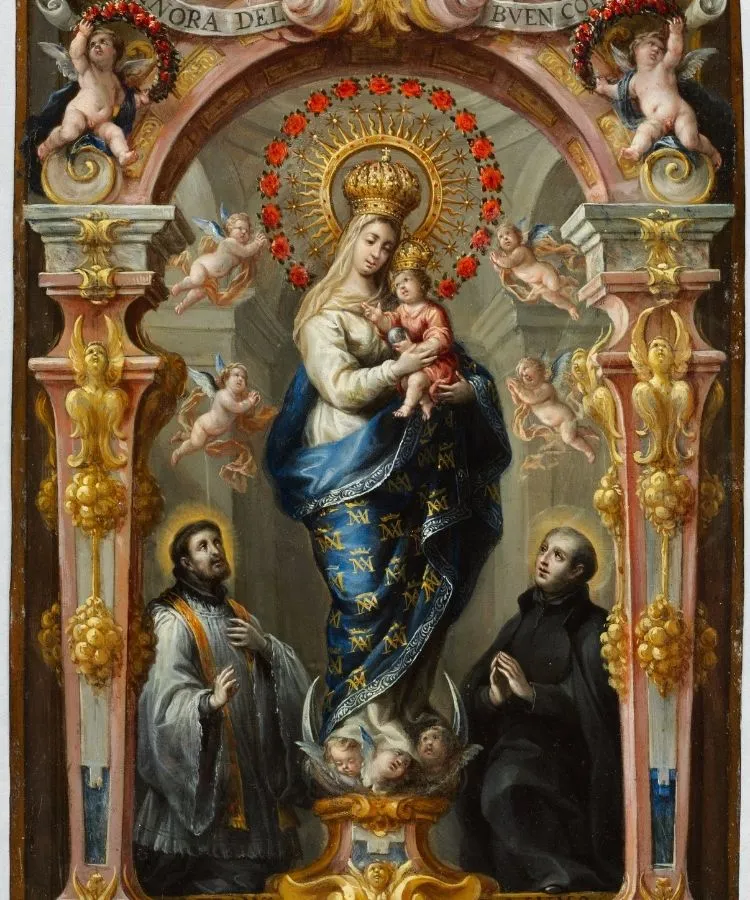 Pintura da Virgem Maria com o Menino Jesus em mantos azuis decorados, usando coroas douradas. Cercados por anjos, com santos em oração aos pés da imagem, emoldurados por arco ornamentado dourado e rosa com rica decoração barroca.
