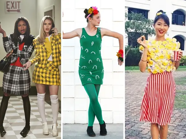 Foto com algumas fantasias, como meninas fantasiadas de As Patricinhas de Beverly Hills e de pipoca