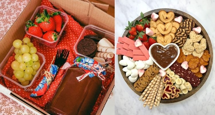 Montagem com duas fotos de cesta de fondue, com frutas e guloseimas