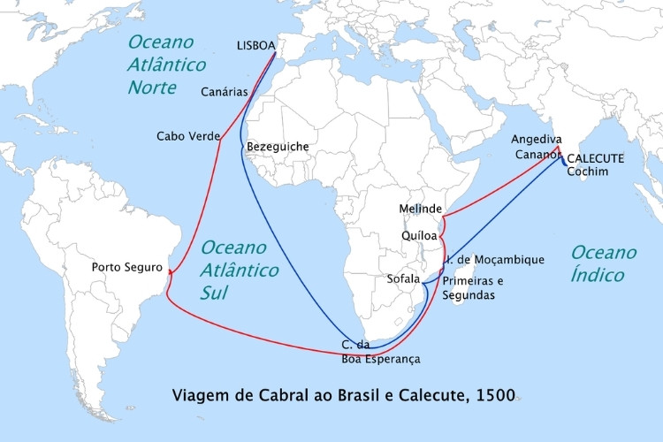 Mapa mundi com trajetória dos portugueses 