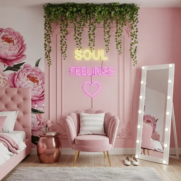 Um quarto predominantemente rosa com uma cama estofada, uma poltrona, uma mesa lateral dourada, um espelho e um letreiro de neon que diz "SOUL FEELINGS" sobre um coração. A decoração inclui papel de parede floral e plantas suspensas.