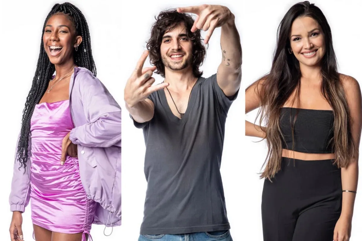 Imagem de três participantes do Big Brother Brasil posando individualmente, representando o paredão e a disputa pela permanência no reality show