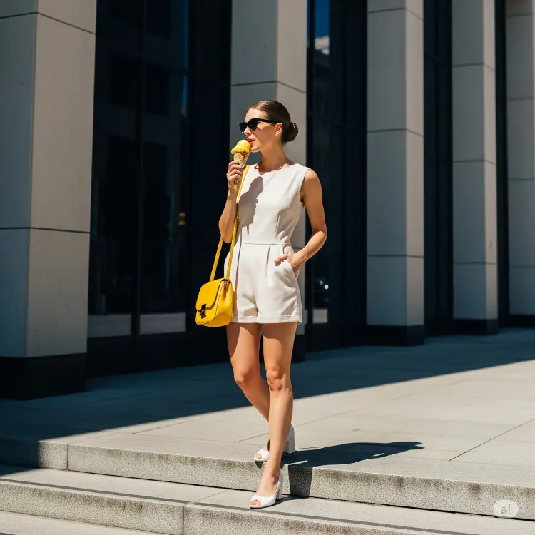 Uma mulher chic caminha descendo escadas ao sol, saboreando um sorvete. Ela veste um macacão creme curto, óculos de sol e carrega uma bolsa amarela vibrante, combinando com seus sapatos peep toe brancos de salto.







