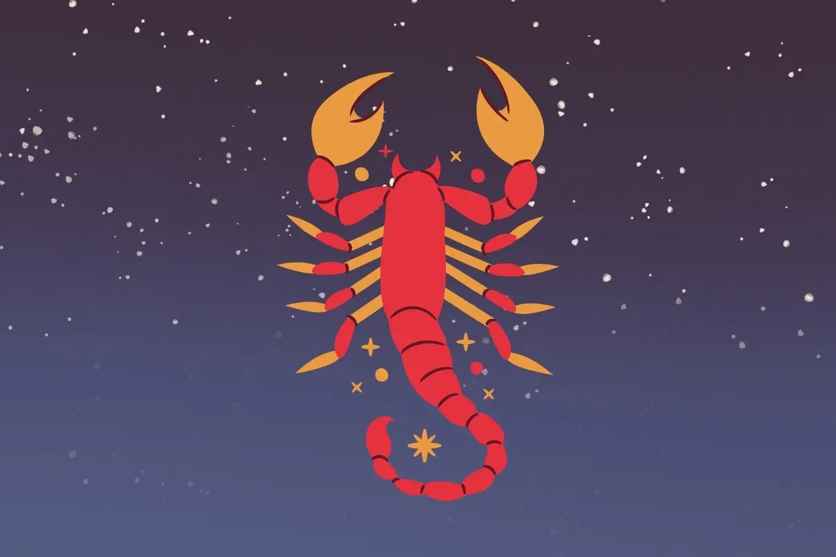 Foto de céu azul-escuro estrelado com símbolo do signo de Escorpião, simbolizando horóscopo diário
