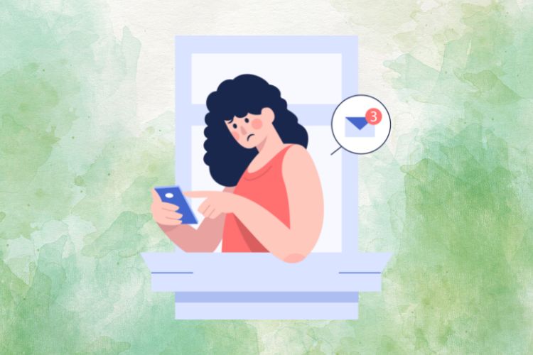 ilustração de mulher triste na janela olhando para o celular, FOMO na pandemia