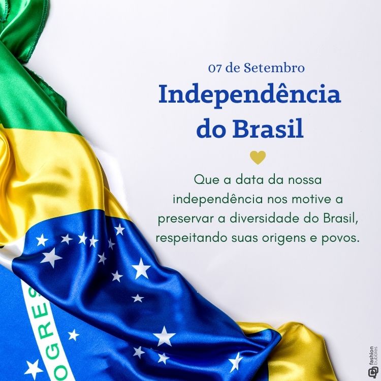 Foto da bandeira do Brasil e frase: Que a data da nossa independência nos motive a preservar a diversidade do Brasil, respeitando suas origens e povos. 
