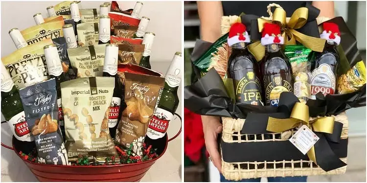 duas opções de cestas de Natal com cervejas e aperitivos