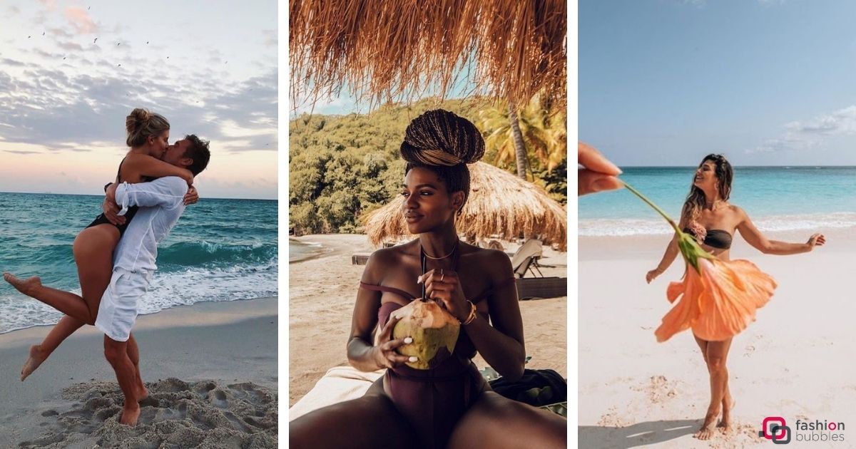 Montagem com fotos de pessoas na praia: homem e mulher se beijando na areia; mulher de pele negra tomando água de coco; mulher de pele clara usando biquini preto, tampado por flor 