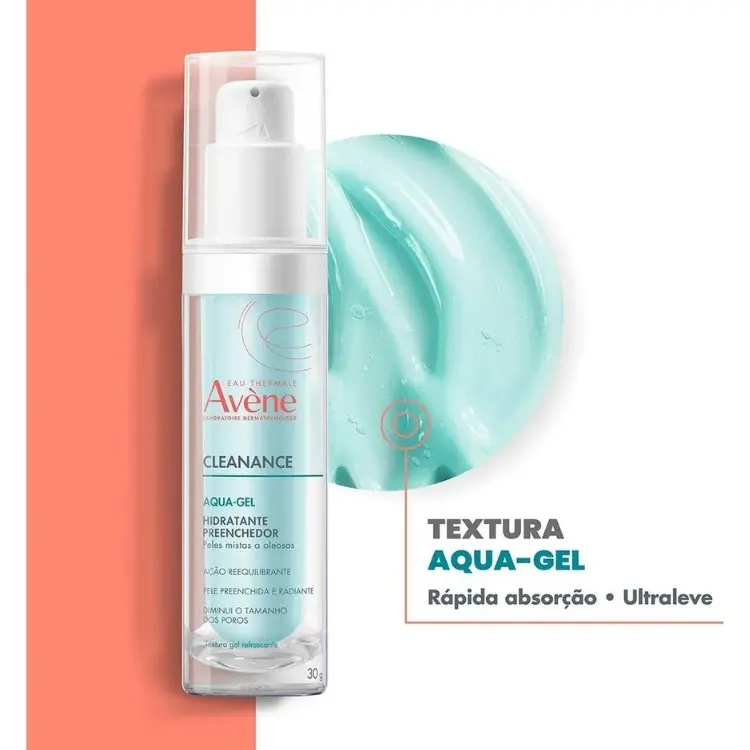 Fundo coral e branco com textura doHidratante Cleanance Aqua-Gel, Avène, embalagem e informações 