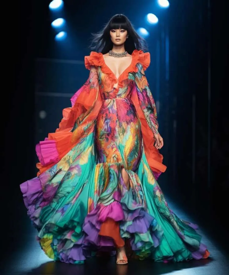 Um modelo com franja reta caminha na passarela em um vestido vibrante e estampado. O vestido apresenta uma estampa floral colorida e mangas longas, acentuadas por folhos em tons de laranja, roxo e rosa, criando um visual exuberante.

