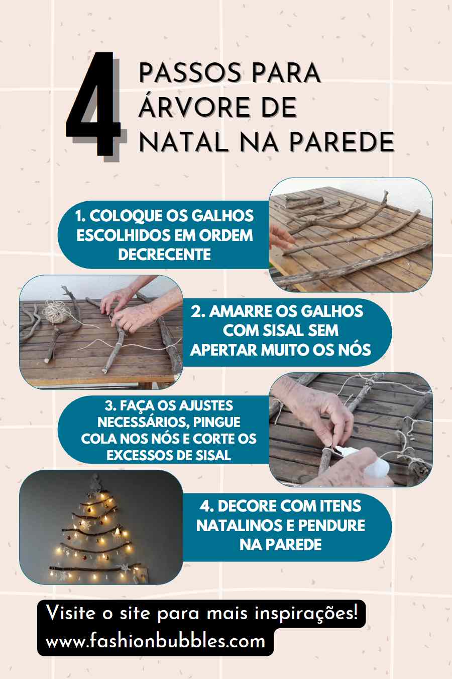 Como fazer árvore de Natal de galhos para parede em 4 passos.
