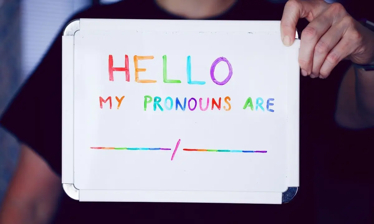 Imagem de uma placa de pronomes neutros.
