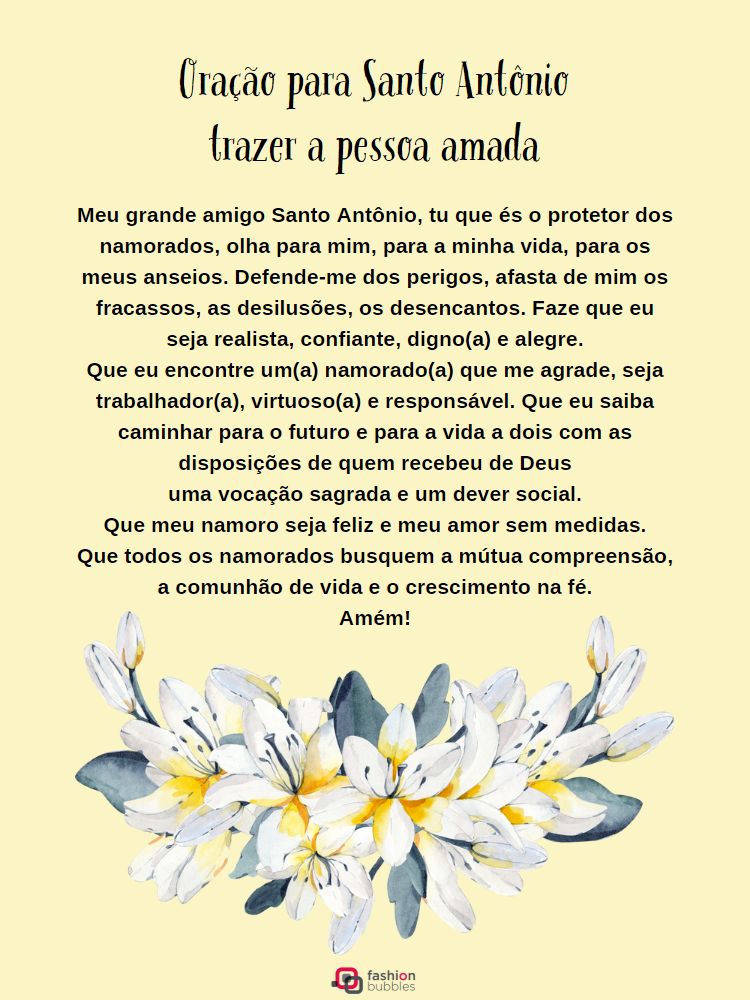 Oração para Santo Antônio trazer a pessoa amada escrita em fundo amarelo com ilustração de lírios embaixo