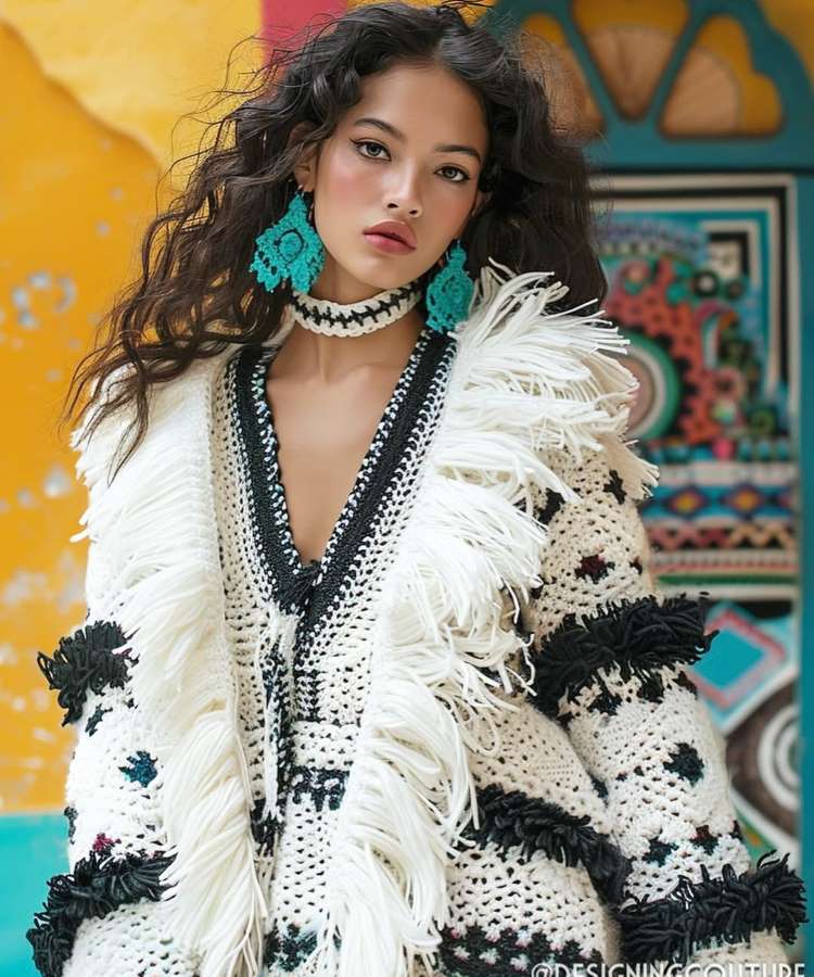 Uma modelo posa em um top e saia de crochê. O top é branco com detalhes verdes e o corpete é decotado, enquanto a saia apresenta camadas em branco, laranja e verde com detalhes pretos, em frente a uma parede amarela.