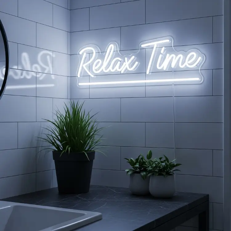 Um letreiro de neon branco com a frase "Relax Time" sobre uma parede de azulejos brancos. Abaixo, há um balcão de mármore com duas plantas em vasos escuros, uma grande e uma dupla menor.







