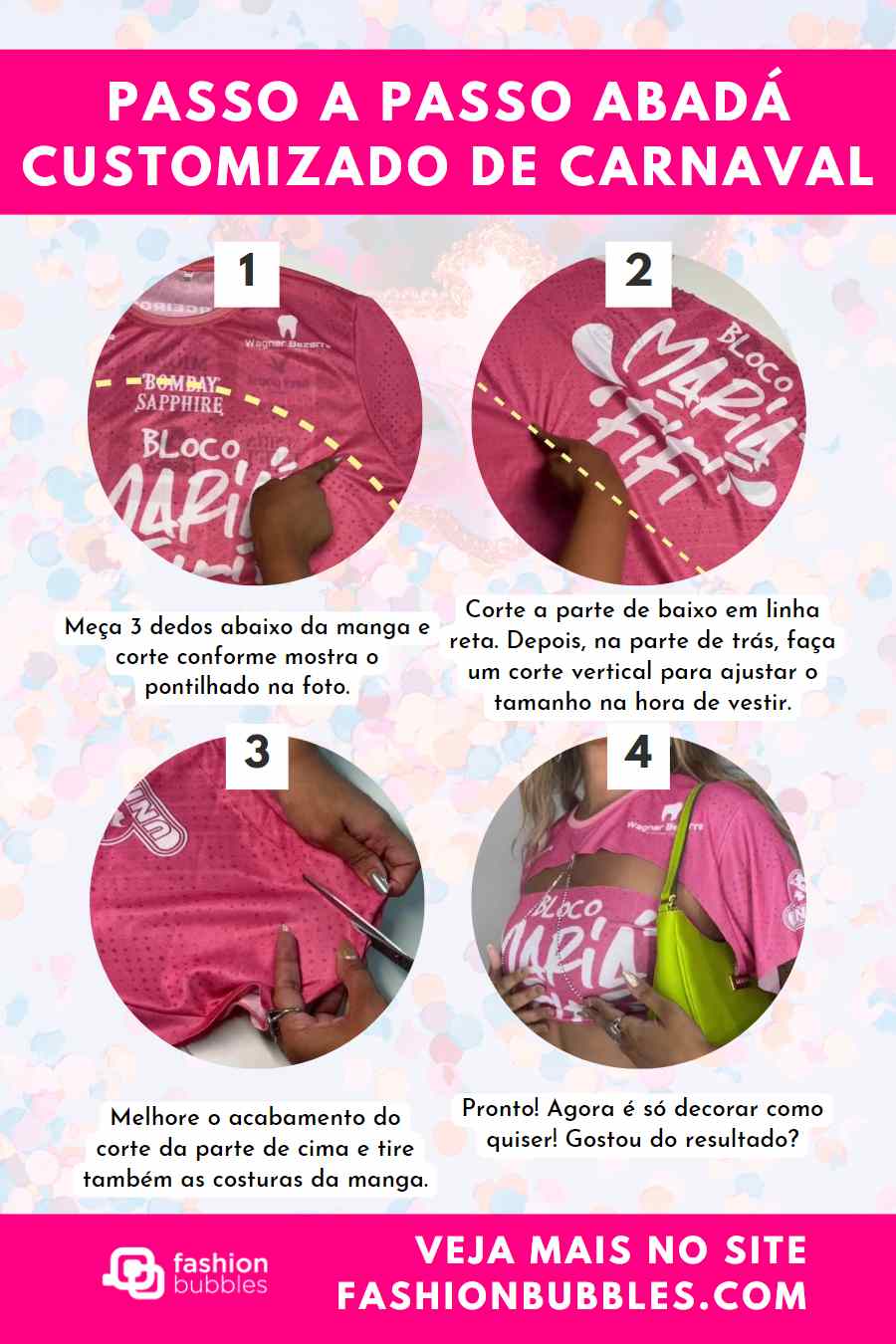 Montagem com passo a passo de abadá customizado de Carnaval.