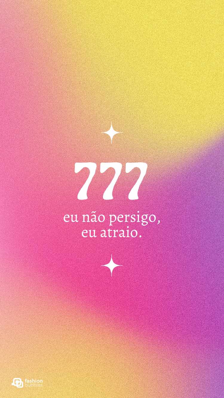 Afirmação "777 Lei da Atração" escrita em fundo amarelo, roxo e rosa.
