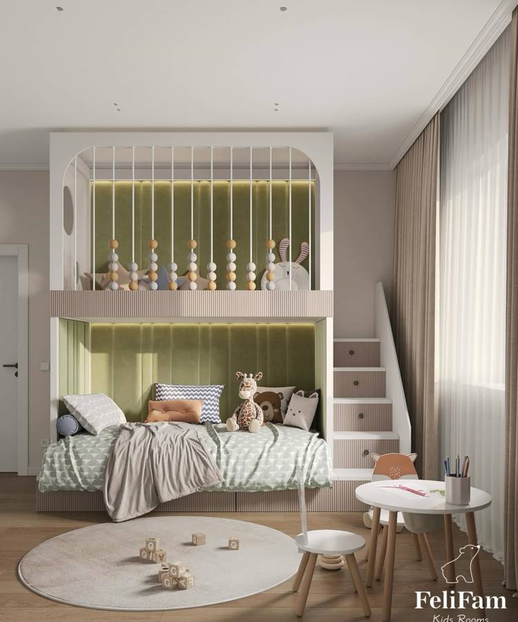 A imagem mostra um quarto infantil organizado e funcional, com uma cama suspensa cercada por grades decorativas e espaço inferior acolhedor. Tons suaves, como verde e bege, predominam. Dicas de decoração para quem tem TDAH incluem ambientes organizados e cores calmantes.