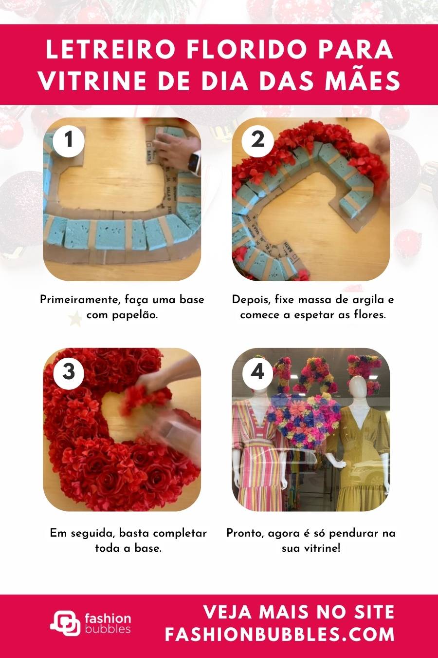Letreiro florido para vitrine de Dia das Mães.
