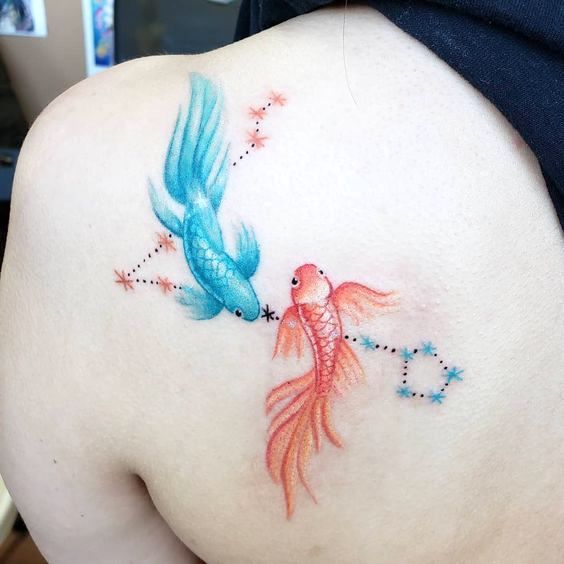 Tatuagem de peixes e constelação