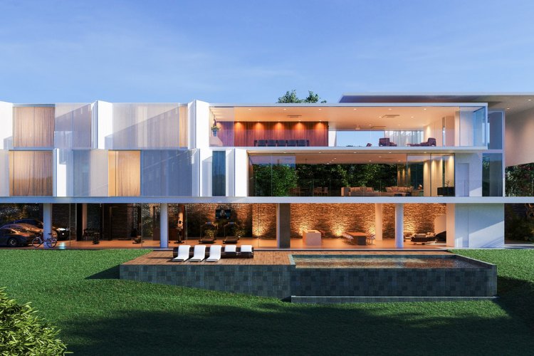 Foto de projeto da mansão, com piscina, garagem, jardim vertical e portas de vidro
