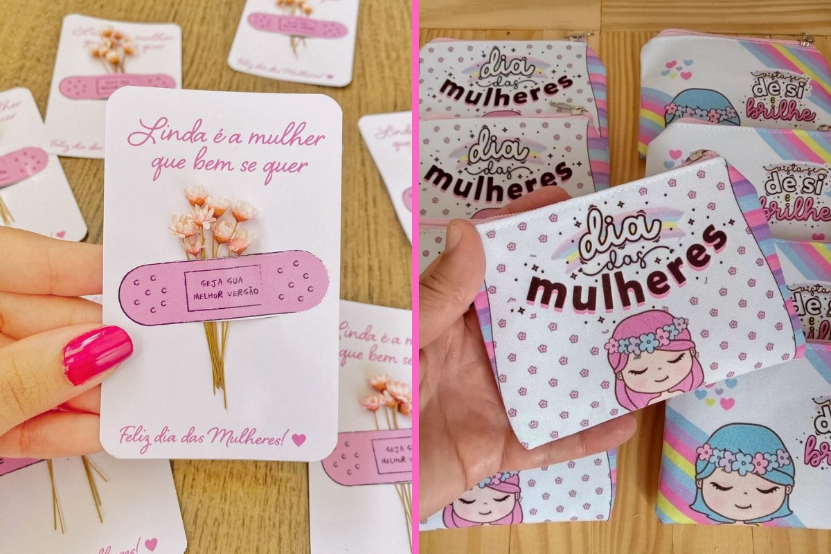 Montagem com duas fotos de lembrancinhas para o dia da mulher: um cartão com flor sempre viva e porta-níqueis