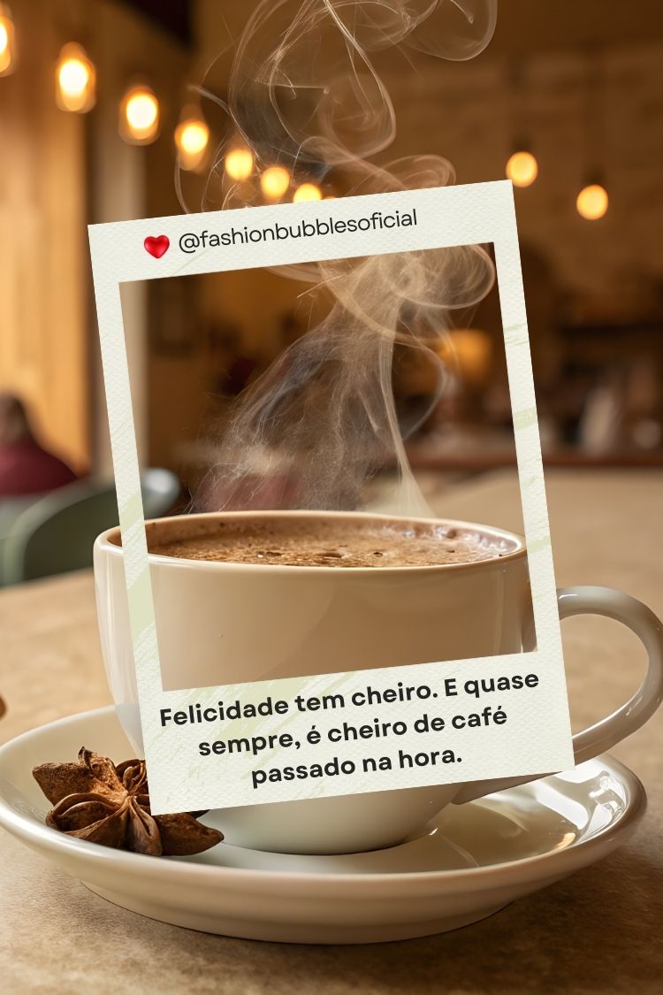 Uma fotografia em formato de polaroid mostra uma xícara de café fumegante. A foto está apoiada sobre o pires da xícara, ao lado de anis-estrelado. No primeiro plano, uma frase diz: "Felicidade tem cheiro. E quase sempre, é cheiro de café passado na hora.".
