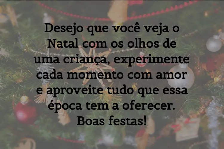 Foto de árvore natalina enfeitada e frase "Desejo que você veja o Natal com os olhos de uma criança, experimente cada momento com amor e aproveite tudo que essa época tem a oferecer. Boas festas!"