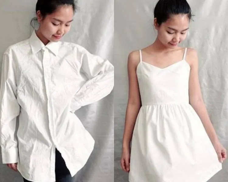 Upcycling: menina usando camisa social velha transformada em vestido. Foto upcycling: camisa velha customizada.