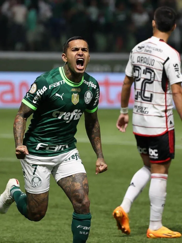 Atacante palmeirense Dudu comemorando em frente ao jogador flamenguista Luiz Araújo.