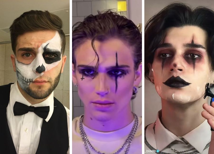 Montagem com 3 homens de pele clara maquiados para Halloween: um com parte do rosto de caveira; outro com cruz invertida abaixo nos olhos e risco preto; outro de palhaço em preto 