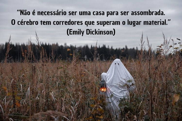 Foto de pessoa vestida de fantasma em plantação e frase "Não é necessário ser uma casa para ser assombrada. O cérebro tem corredores que superam o lugar material.” (Emily Dickinson)"