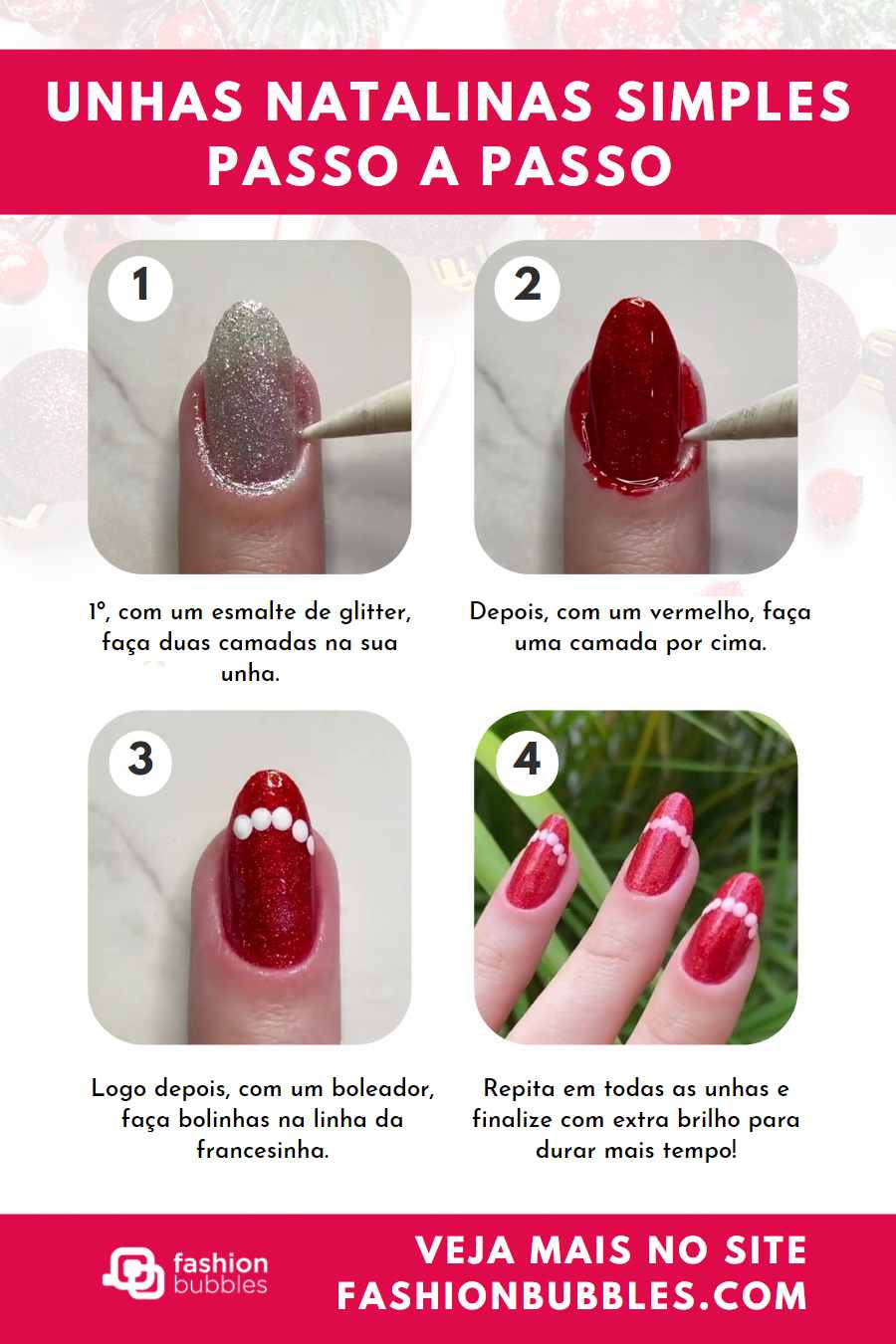Fotos com passo a passo para fazer unha de Natal simples decoração vermelha com glitter e bolinhas.