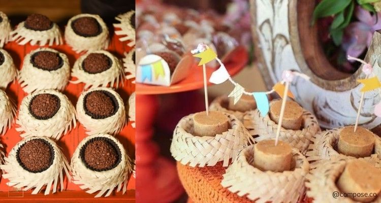 A imagem representa paçoca e brigadeiro dentro de mini chapéu de palha