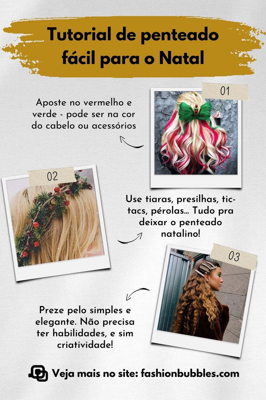 Passo a passo de tutorial de penteado para o Natal para o Pinterest