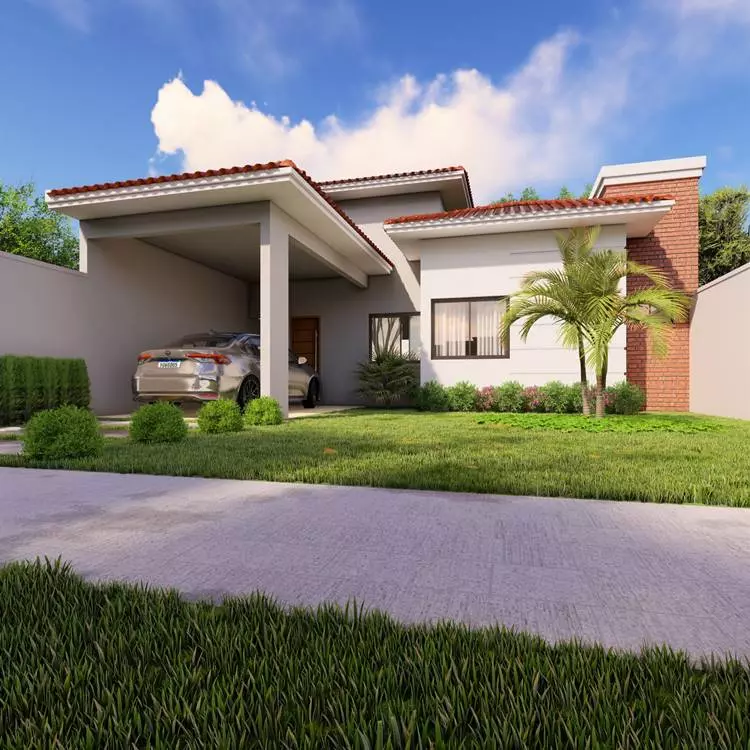 Projeto 3D de de fachada de casa simples. Jardim gramado possui plantas e coqueiro, além de um caminho em piso para carro entrar na garagem