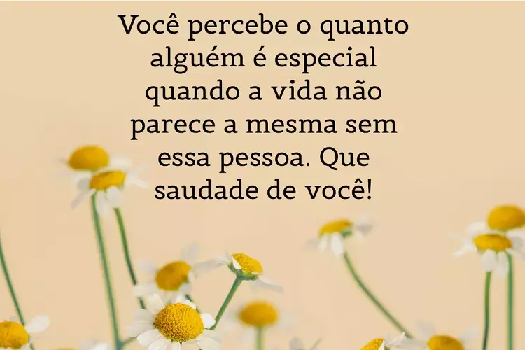 Cartão virtual de fundo bege com margaridas e frase: Você percebe o quanto alguém é especial quando a vida não parece a mesma sem essa pessoa. Que saudade de você!