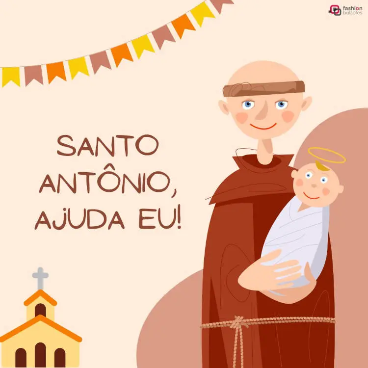 Cartão virtual de fundo claro com desenho de Santo Antônio segurando criança e frase "Santo Antônio, ajuda eu!"