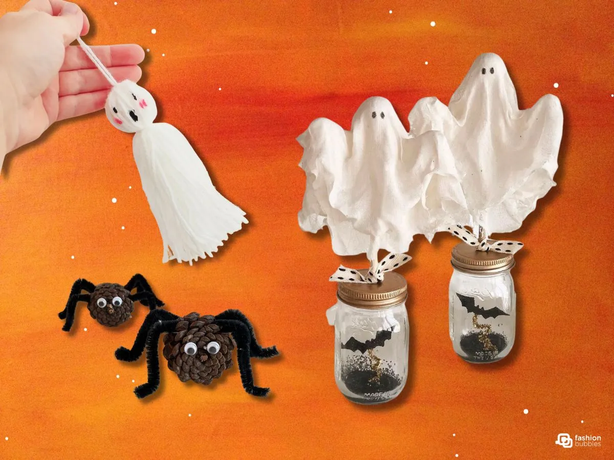 Montagem com 3 ideias de decoração para o Halloween Faça você mesmo em fundo laranja