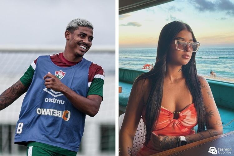 Montagem com foto de John Kennedy com uniforme do Fluminense e colete azul e foto de influenciadora Vivi Barros usando cropped laranja, sentada com vista para o mar.