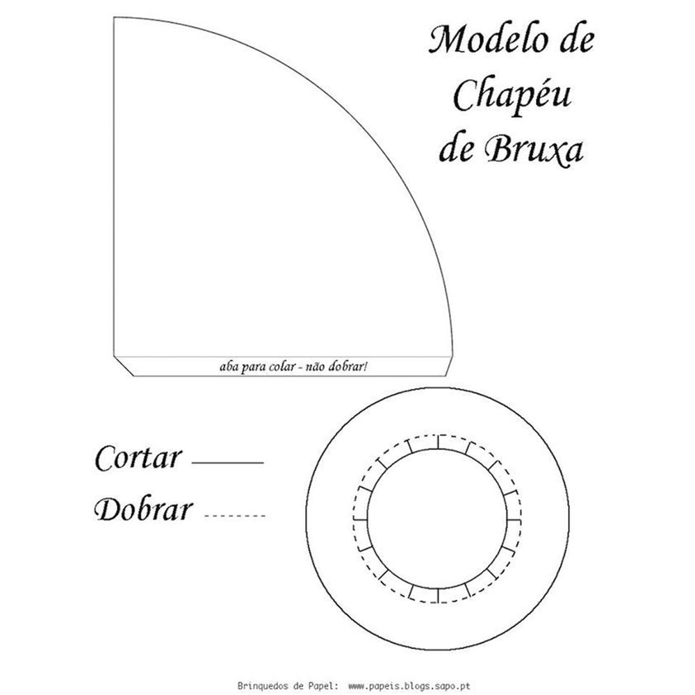 Molde para chapéu de bruxa em papel. Desenho molde para chapéu de bruxa.