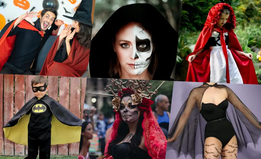 Montagem com pessoas usando capas de halloween