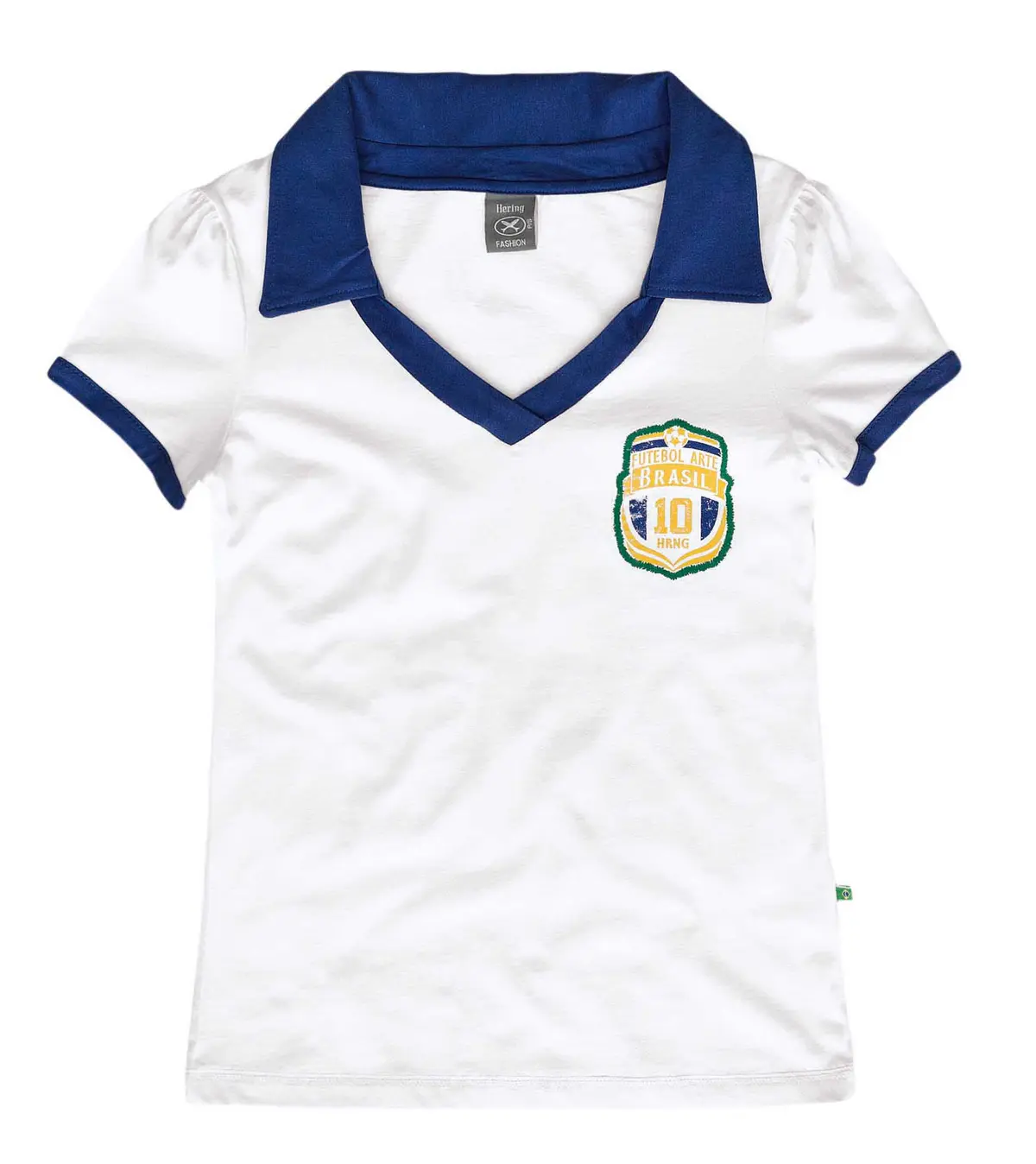 Camiseta polo nas cores branca e azul, tema Brasil.
