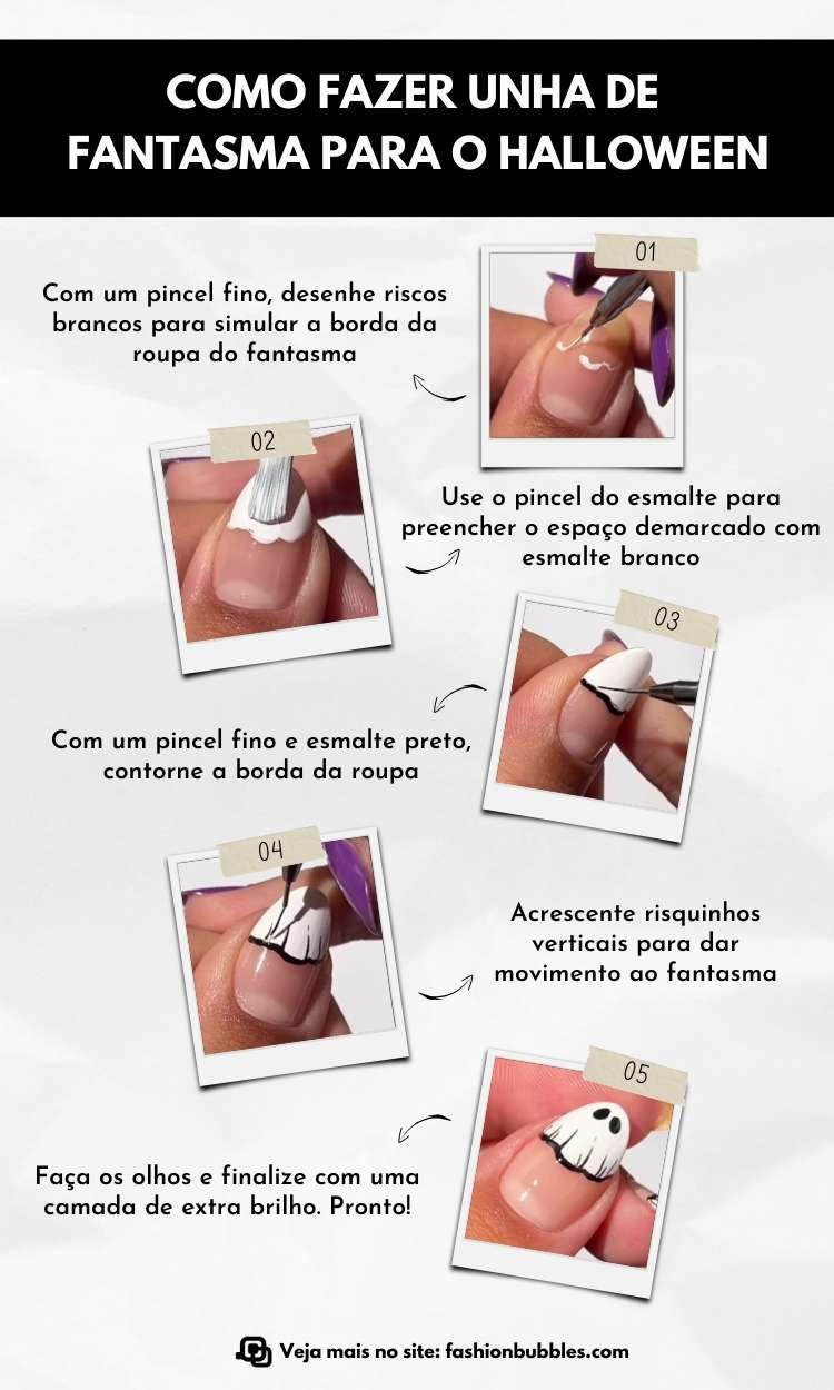 Montagem com 5 passos de como fazer unha fantasminhas realistas para o Halloween